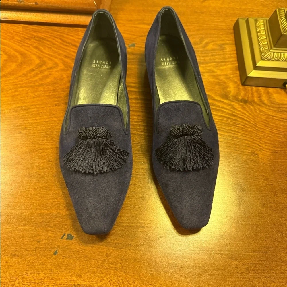NWOT Stuart Weizmann blue black leather suede tassel loafers Size 9 - Picture 9 of 9